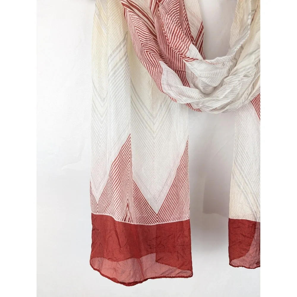 Vintage Indus 100% Silk Scarf 19‎ x 62 Cream Red Striped Chevron Boho Shawl Wrap